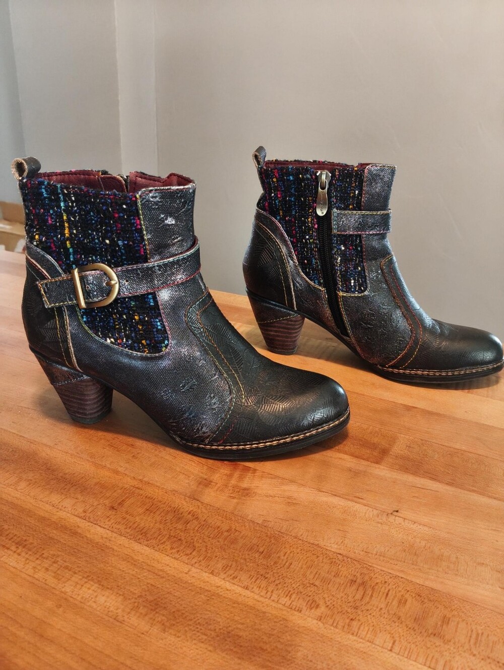 Spring Step L'Artiste Nancies Black Multi Tweed Leather Ankle Boots Size 37 / US